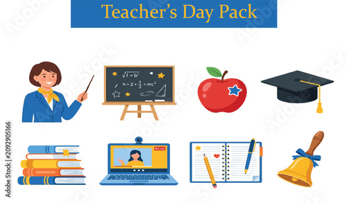 Teacher's Day Pack with 8 flat education icons, school supplies and classroom elements vector set, academic learning and teaching illustrations