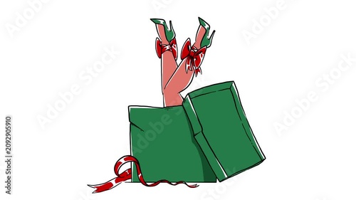 Horizontal 4K video. Cartoon loop animation. Woman inside New Year gift box. Line art female legs in green stiletto high heel shoes, red bow on ankle moves on white. Concept of pin up, winter holiday