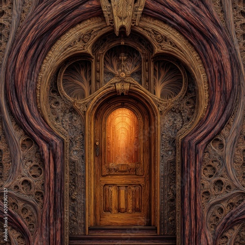 Macro dreamlike doorway: an ornate Edwardian wooden door set within a richly carved mahogany arch, intricate grain and delicate threads weaving through the wood, encircled by a surreal artificial dre
