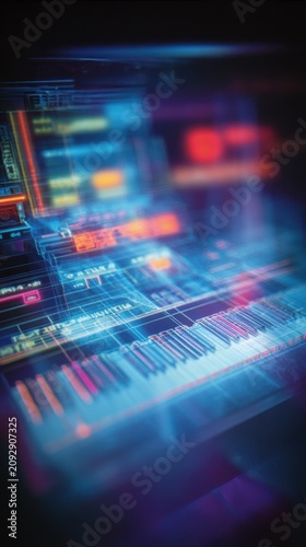 Neon cyberpunk piano keyboard set against a retro computer-grid landscape that dissolves into neon auroras, data streams flowing into the keys, Neon Memory projected on a translucent screen, with the