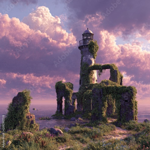 Surreal coastal landscape featuring a weathered lighthouse rising from ivy-covered ruins, a ruined stone archway opening to a tranquil sea, pastel pink and lavender sky with billowing clouds, lush wi