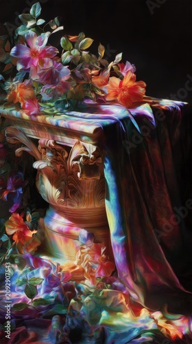 Surreal velvet study with dreamlight washing over velvet folds, radiant petals and flowers woven into rainbow textiles, a classical ornate pedestal casting subtle shadows on relief, an ethereal fusio