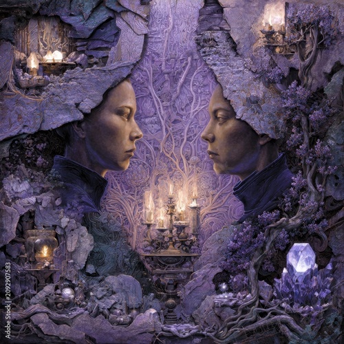 Two intertwined portraits of serene, androgynous faces in profile, mirrored and facing each other within a dreamlike cavern of violet stone. The scene is alive with moss, roots, and crystalline forma