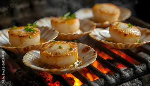Fresh gourmet scallops cooking on a hot charcoal grill illustration
