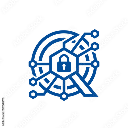 A blue digital icon representing secure data and network connectivity