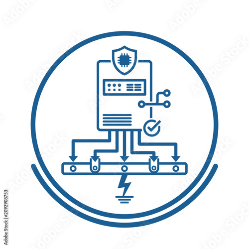 A blue digital icon representing secure industrial power systems