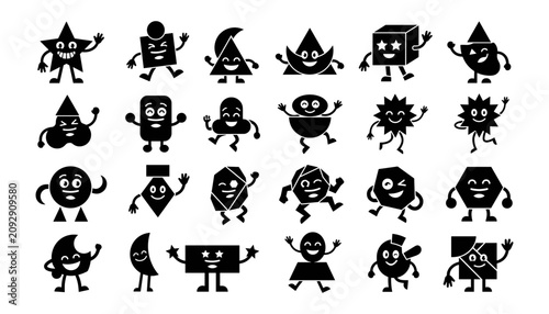 Cartoon Robot Characters Icon Set with Friendly Faces, Waving Hands, and Playful Shapes in Simple Vector Style