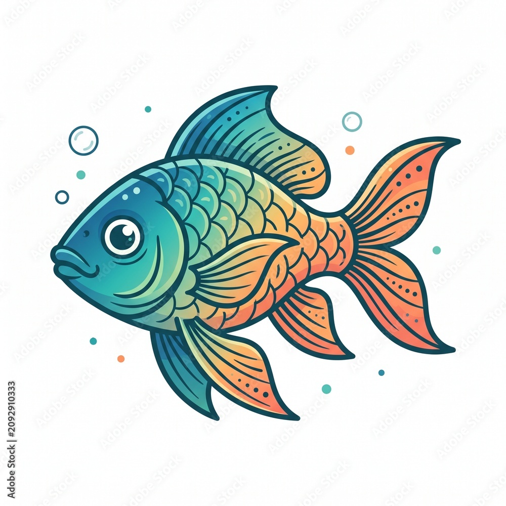 Fototapeta premium Colorful Cartoon Fish Illustration with Bubbles