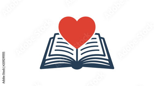 Open book with red heart symbol floating above.