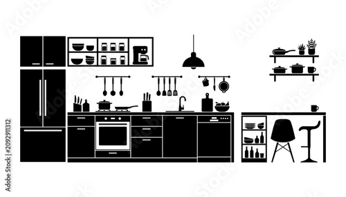 Foto Kitchen Utensils Icon Set with Black Flat Tools, Stove, Shelves, and Cookware fo
