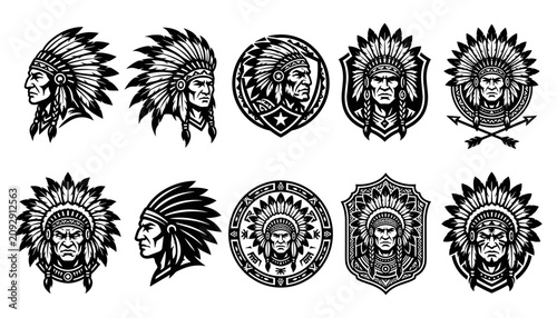 Schilderij op canvas Native American Head Illustrations with Feathered Headdresses in Various Designs
