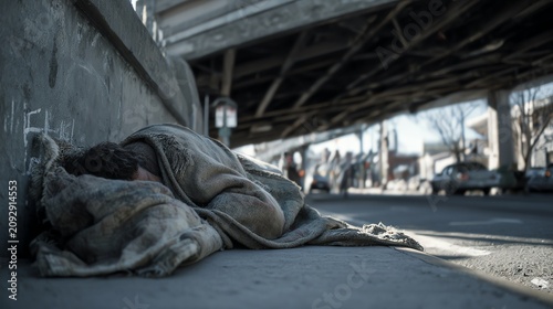 A homeless person resting under a city overpass.