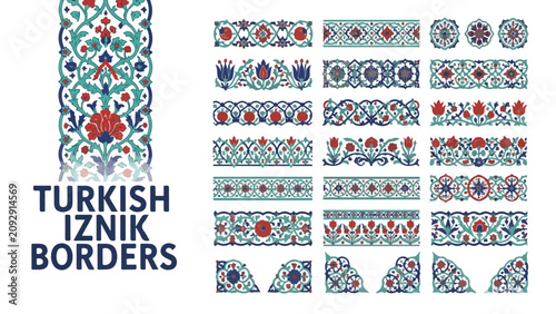 Turkish Iznik borders set, floral Ottoman ceramic patterns in EPS format, traditional blue and red tile ornaments for frames and edges