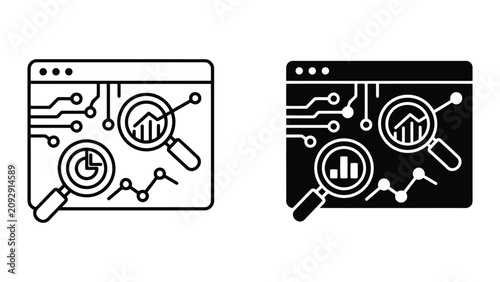 Data analytics dashboard with magnifying glass circuitry icons, analytics
