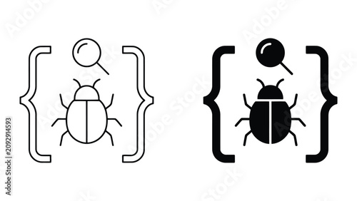 Software bug detection coding error search icon with debugging, programming
