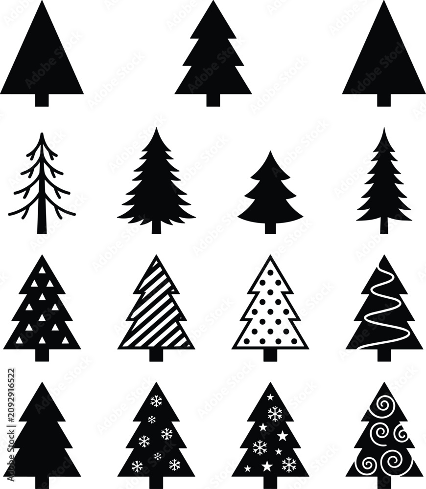 Obraz premium Minimal Christmas Tree Silhouette Collection Set with Decorative Pine Shapes for Holiday Design and Winter Vector Graphics