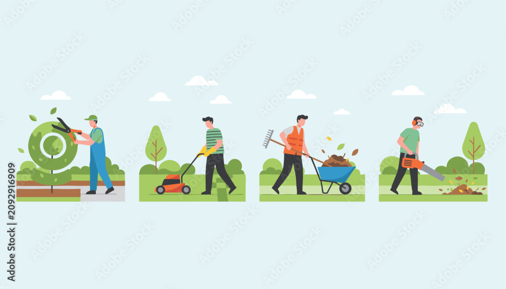 Fototapeta premium Set of four gardeners performing various landscaping tasks like trimming, lawn mowing, carrying compost, and blowing leaves.