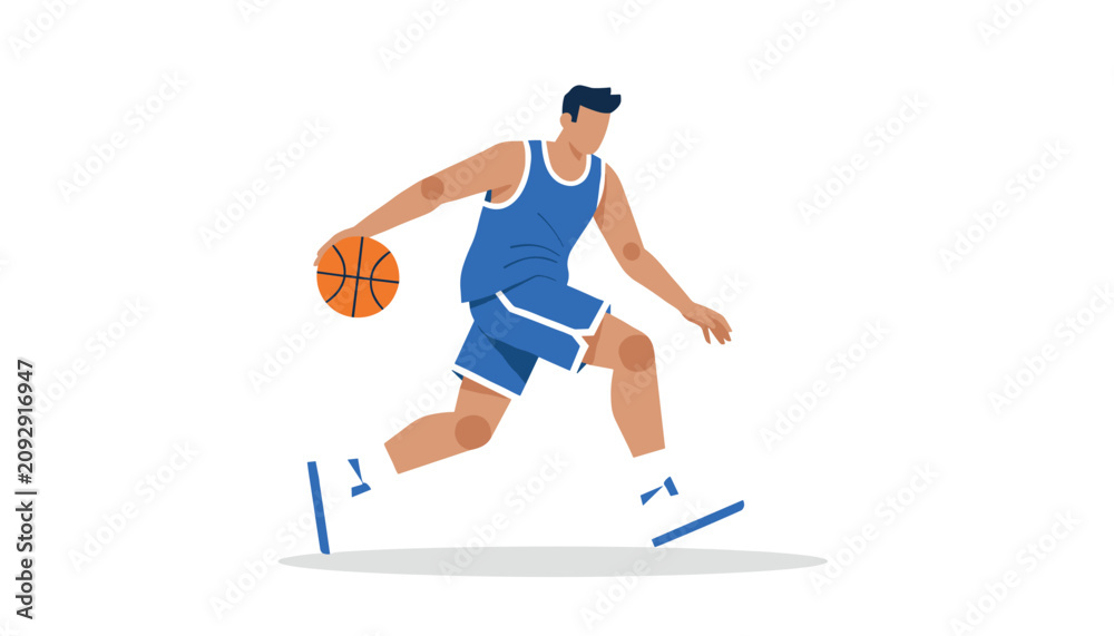 Obraz premium Professional athletic basketball player wearing a blue uniform dribbling a ball quickly on a clean white background.
