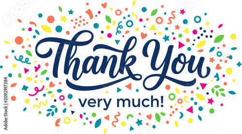 Foto Thank You very much text with colorful confetti and streamers on white gratitude
