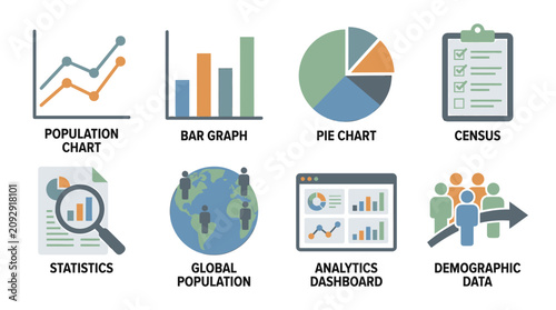 Infographic displays statistics and analytics with graphs and charts