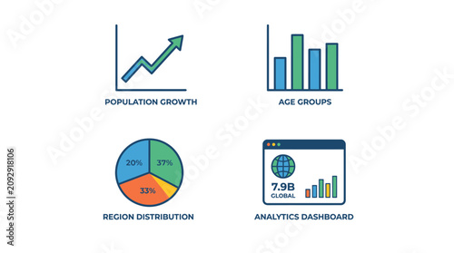 A colorful infographic displays population growth, age groups, region distribution, and analytics dashboard charts.