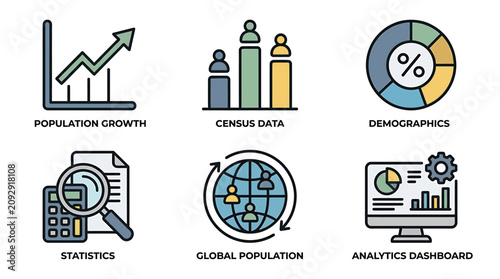 Infographic displays global population growth statistics and analytics dashboard with census data