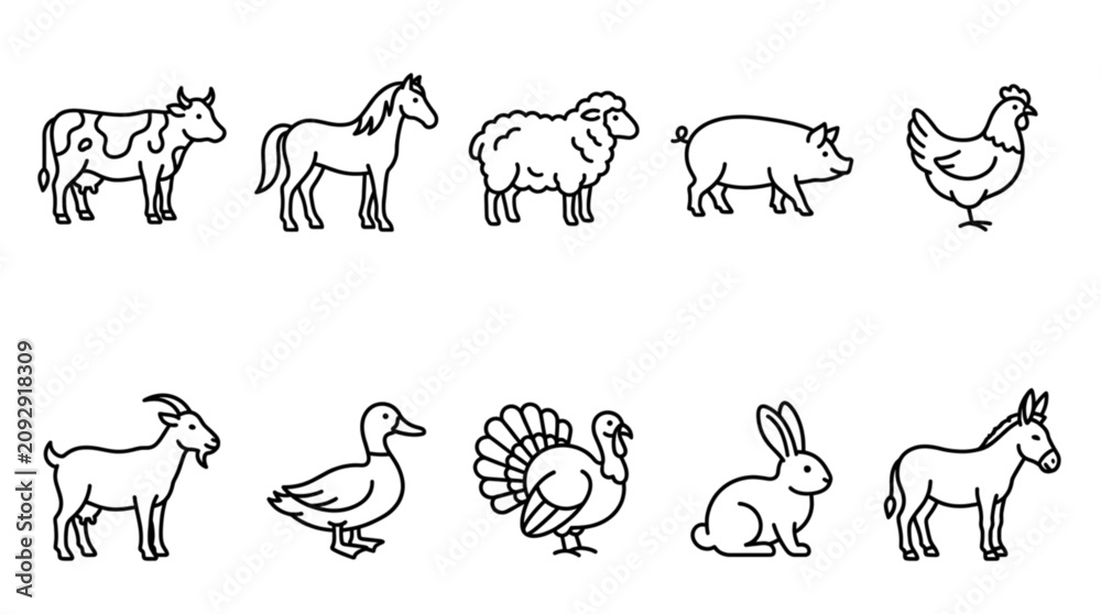 Fototapeta premium Farm Animals Line Art Vector Icon Set Featuring Horse Sheep Chicken Rooster Hen Cow Pig Duck Goat Donkey Turkey Rabbit and Livestock Symbols