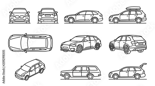 Schilderij op canvas Black Station Wagon Car Vector Icon Set Featuring Front Side Rear Top and Perspe