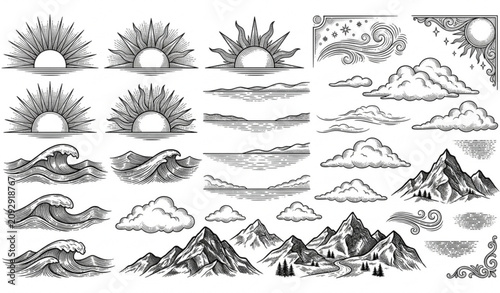 Foto Vintage sunrise engraving vector set with rising sun ocean waves and etched land