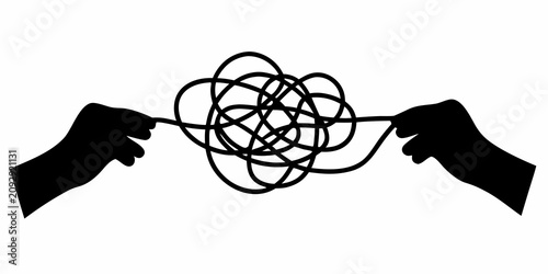Tableau sur toile Black Silhouette Of Hands Holding Tangled String On White Background