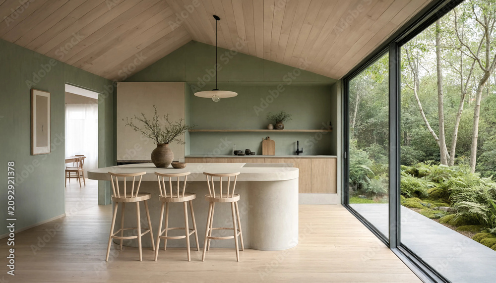 Fototapeta premium Ultra Minimalist Open-Plan Kitchen And Dining With Linear Skylight, Travertine Island, Warm Timber Cabinetry And Floor-To-Ceiling Glass Doors Opening To Private Courtyard With Pool (AI-Generated)
