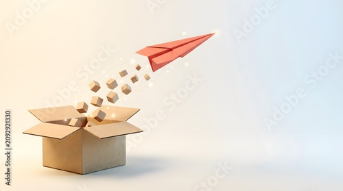 Creative concept of business innovation and growth with paper plane and boxes