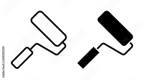 Paint roller tool icons in solid black silhouette and outline style for renovation home improvement