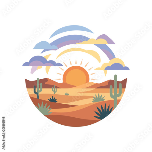 Desert Landscape Illustration with Cactus and Sun