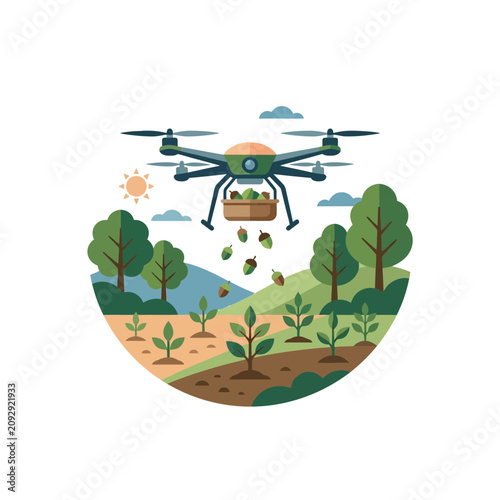 Drone spraying crops in a field, smart agriculture concept