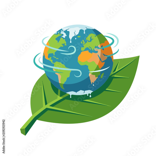 Earth Globe on Leaf with Wind Swirls - Eco Concept