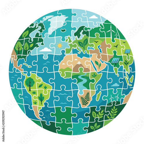 Earth puzzle globe with green environment and renewable energy