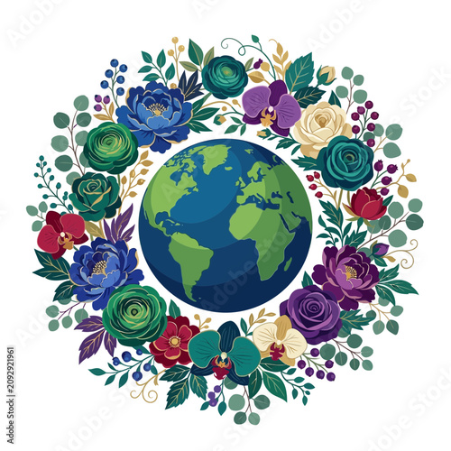 Earth surrounded by colorful floral wreath, eco-friendly concept