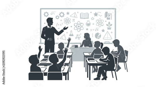 Foto Teacher instructing students in classroom with science symbols on blackboard