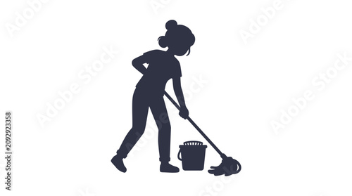 Foto Silhouette Woman Mopping Floor with Bucket, House Cleaning Vector