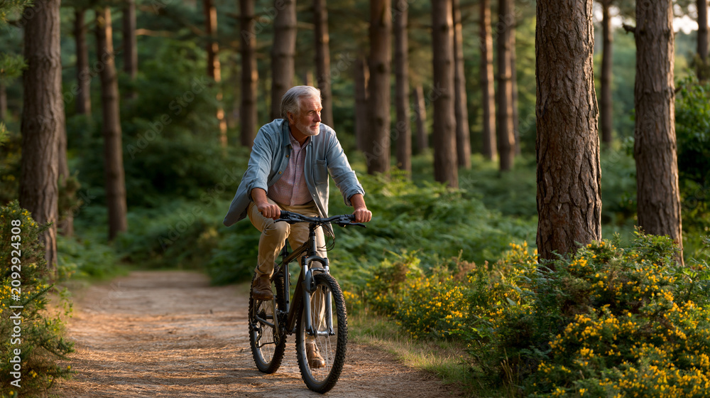 Fototapeta premium Older man cycling through pine forest in fresh morning light highlighting active longevity nature therapy and cardiovascular wellness