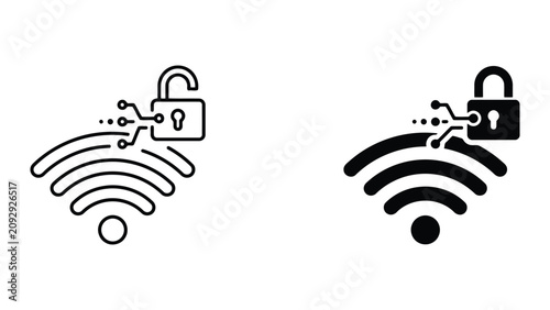 Unsecured wireless wi-fi connection open access icons with wireless, unlocked