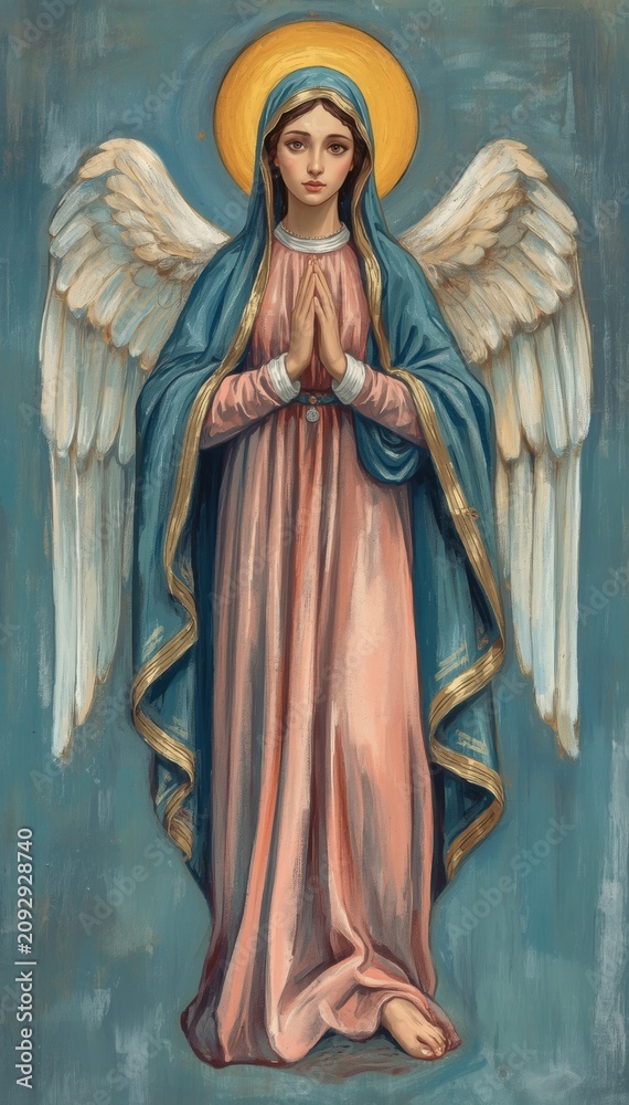 Obraz premium A serene angel with a golden halo, white wings, and a flowing blue and pink robe, depicted in a classical religious painting style.