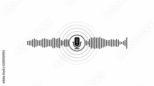 Black microphone centered in a digital audio waveform on a solid white background representing sound recording and podcasting technology