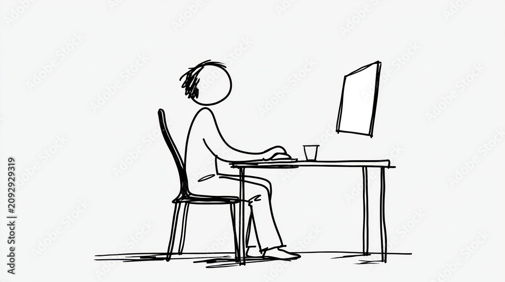 Fototapeta premium Clean black single-line art illustration of a faceless person sitting at a desk with a computer monitor