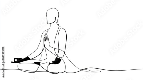Clean black single-line art illustration of a faceless person meditating cross-legged in a calm pose
