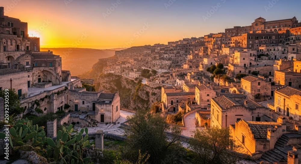 Obraz premium Sunset Over Historic Hillside Village with Warm Glow.