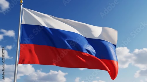 A blue-white-red tricolor flag waves under a clear sky