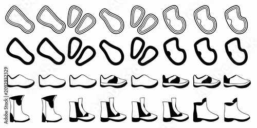 Foto diverse shoe and footwear icon set displayed in black and white vector style sne