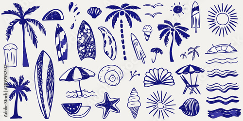 hand drawn blue summer beach doodles on white background hand drawn palm tree surfboard umbrella shell seagull ice cream sun waves starfish watermelon